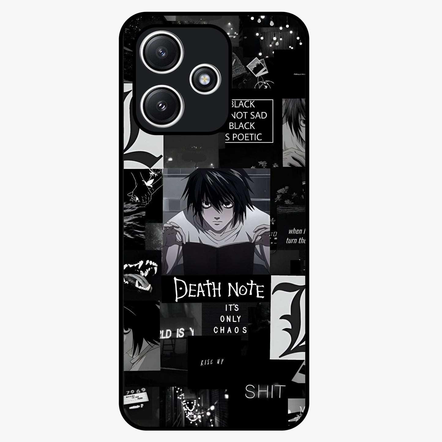 Midnight Chaos Mind Glass Case showing flat back view with abstract dark themed artwork and glossy glass finish.