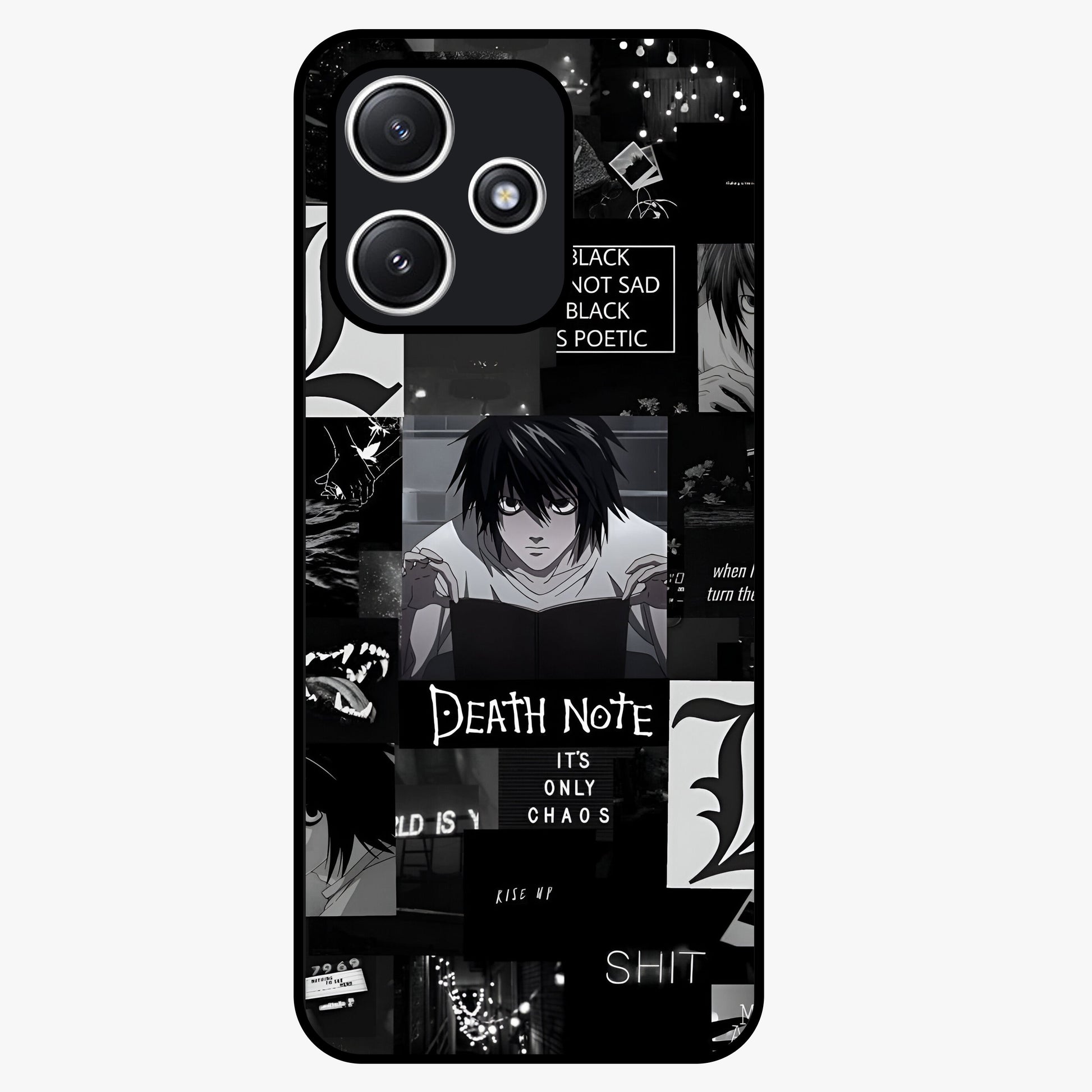 Midnight Chaos Mind Glass Case showing flat back view with abstract dark themed artwork and glossy glass finish.