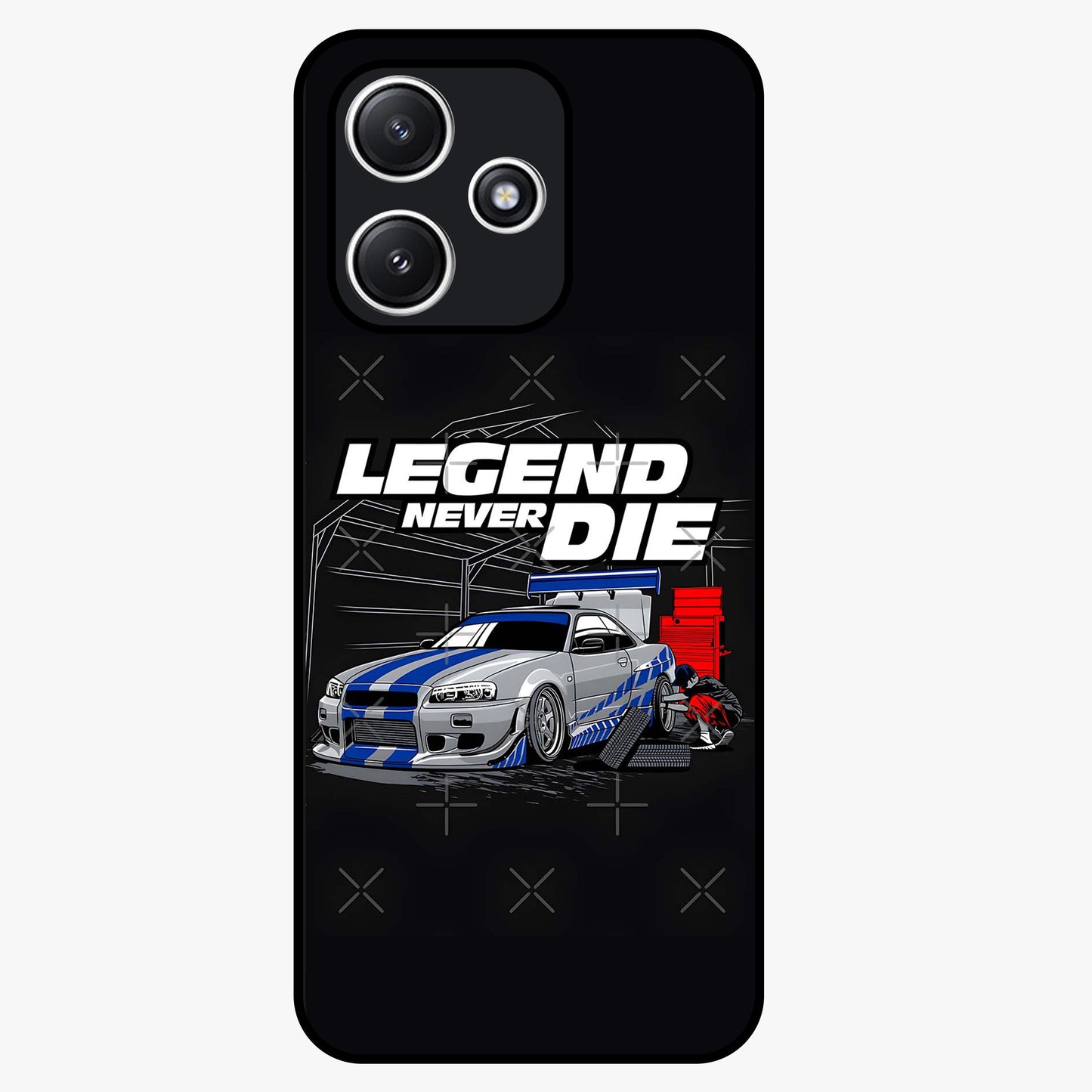 Midnight Racing Legacy Glass Case showing flat back view with sleek racing inspired artwork and glossy glass finish.