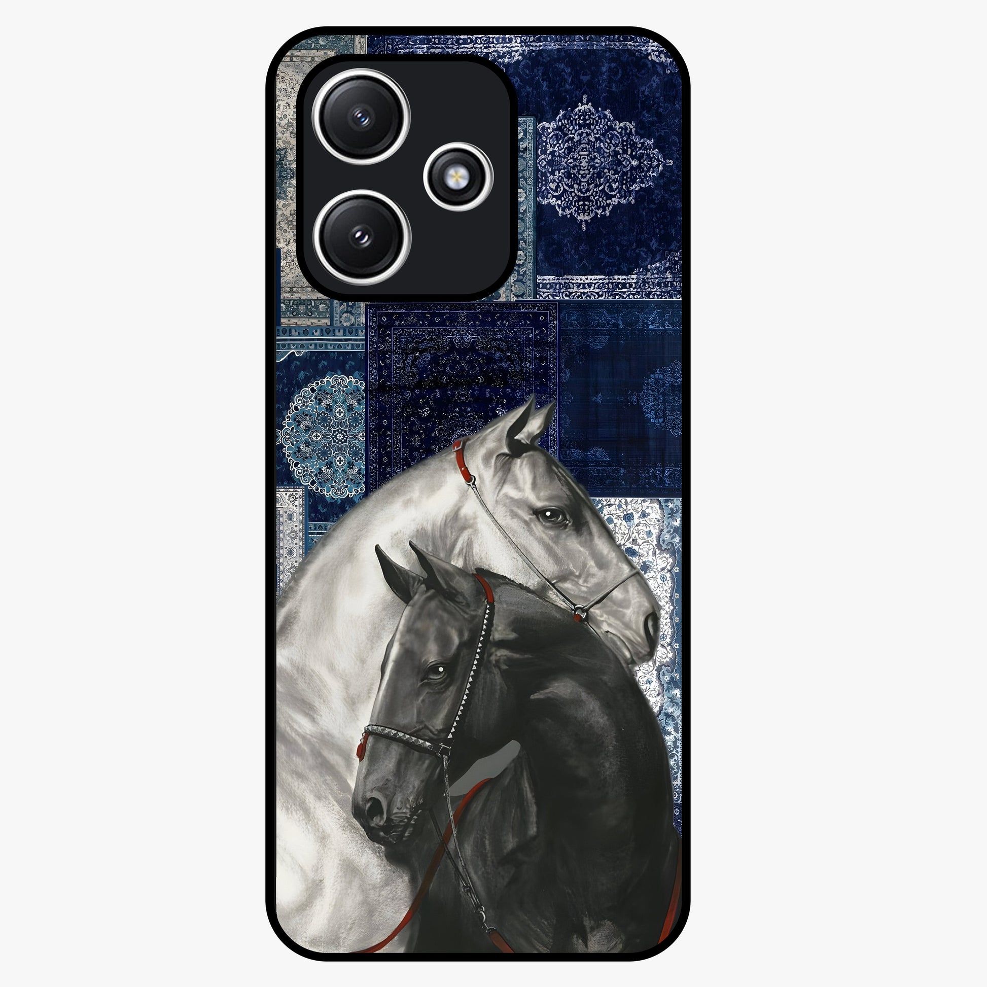 Midnight Stallion Blues Glass Case showing flat back view with majestic horse artwork and glossy glass finish.