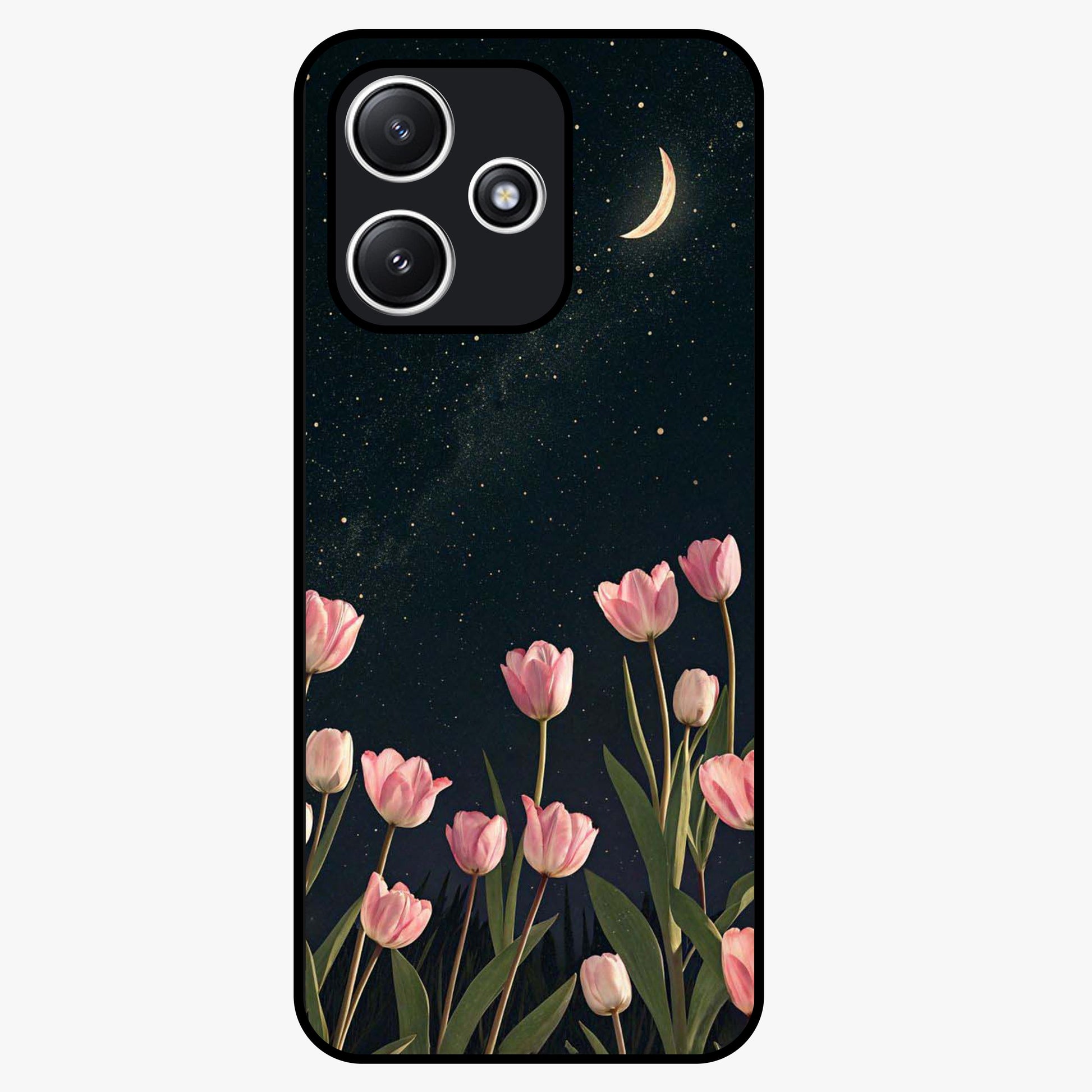 Midnight Tulip Whispers Vibe Glass Case showing flat back view with elegant tulip flower artwork and glossy glass finish.