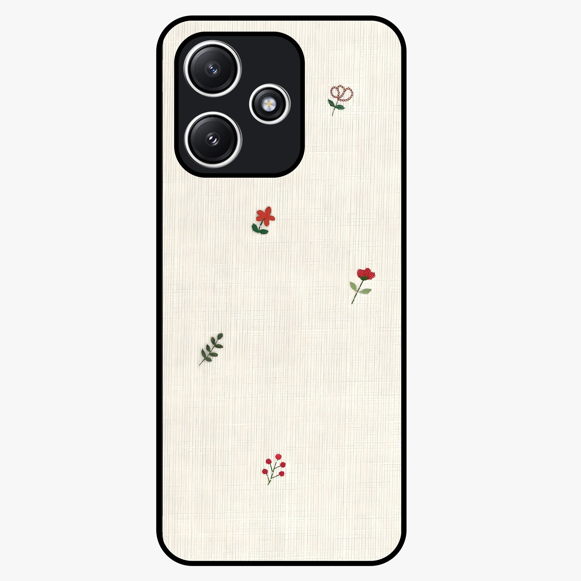 Minimal Petal Whispers Glass Case showing flat back view with soft minimal floral artwork and glossy glass finish.
