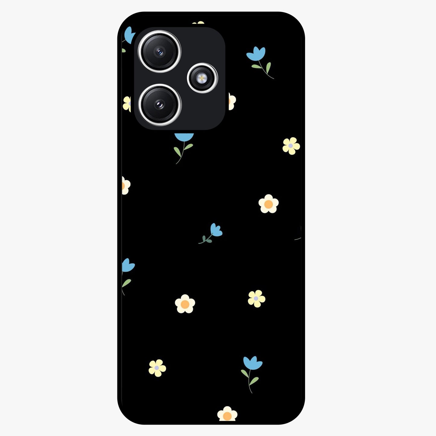 Minimalistic Blue With White Flower Pattern Glass Case showing flat back view with blue background and white flower pattern and glossy glass finish.