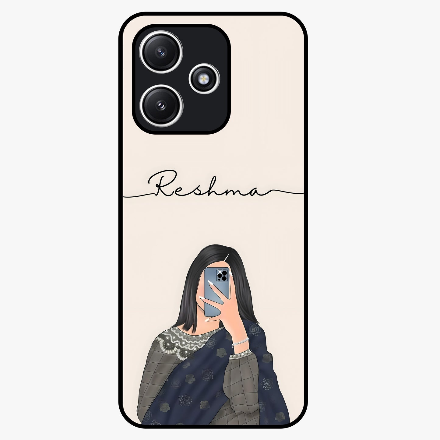 Mirror Mood Muse With Custom Name Glass Case showing flat back view with stylish mirrored artwork and personalized name design.