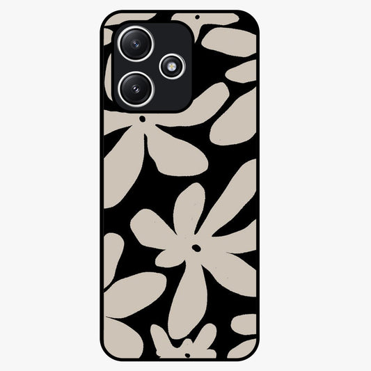 Monochrome Petal Dance Glass Case showing flat back view with monochrome floral artwork and glossy glass finish.