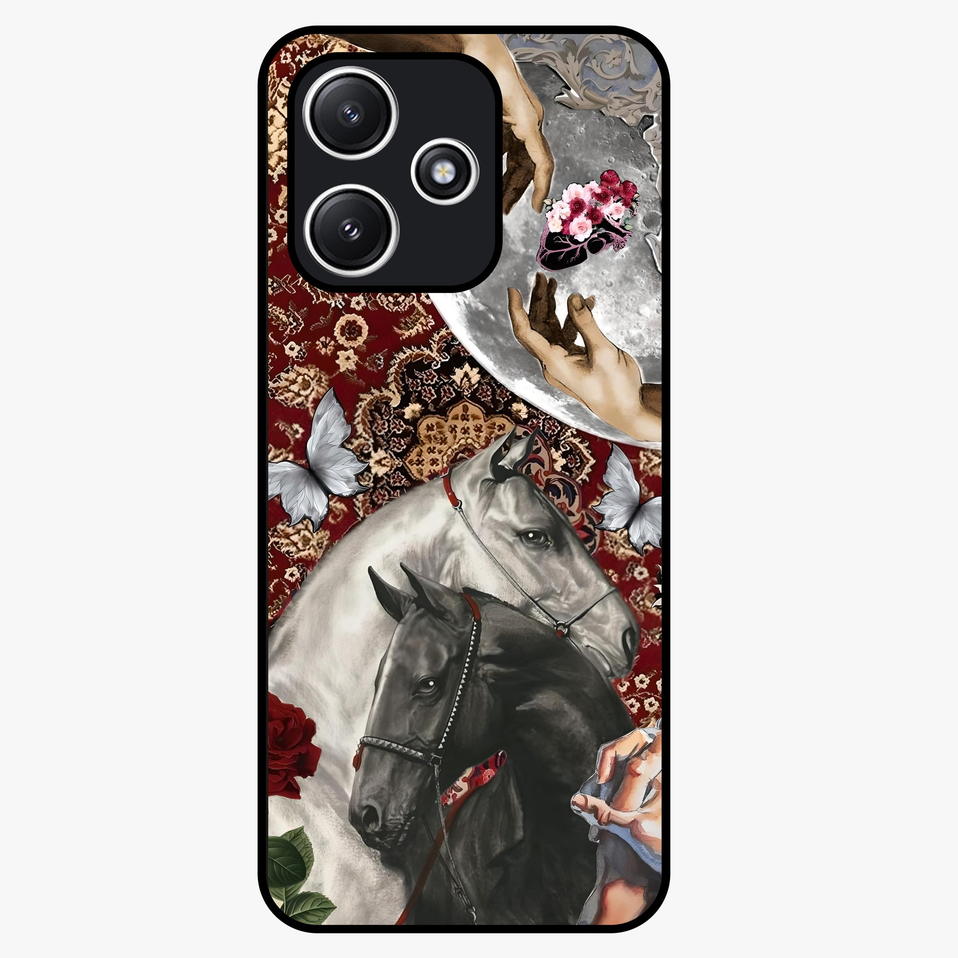 Moonlit Royal Stallion Glass Case showing flat back view with majestic horse under moonlight artwork and glossy glass finish.