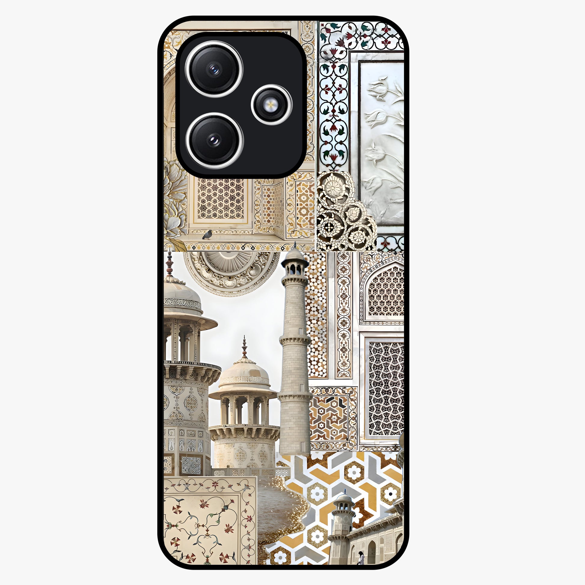 Mughal Marble Legacy Glass Case showing flat back view with intricate Mughal inspired marble pattern and glossy glass finish.