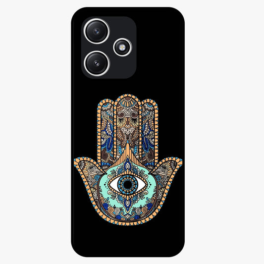 Mystic Hamsa Eye Glass Case showing flat back view with protective hamsa hand and evil eye artwork and glossy glass finish.
