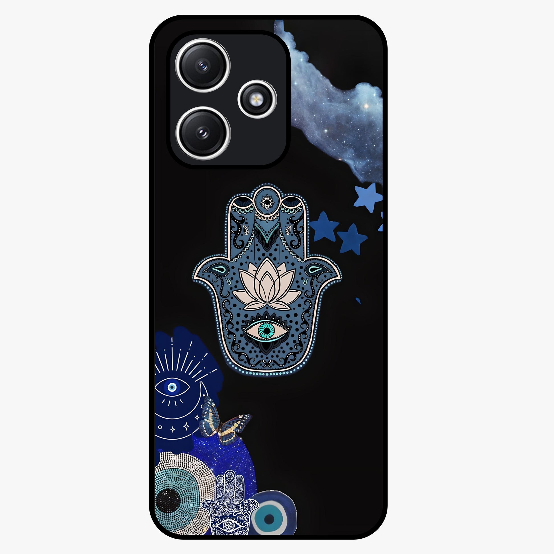 Mystic Hand Aura Glass Case showing flat back view with mystical hand symbol artwork and glossy glass finish.