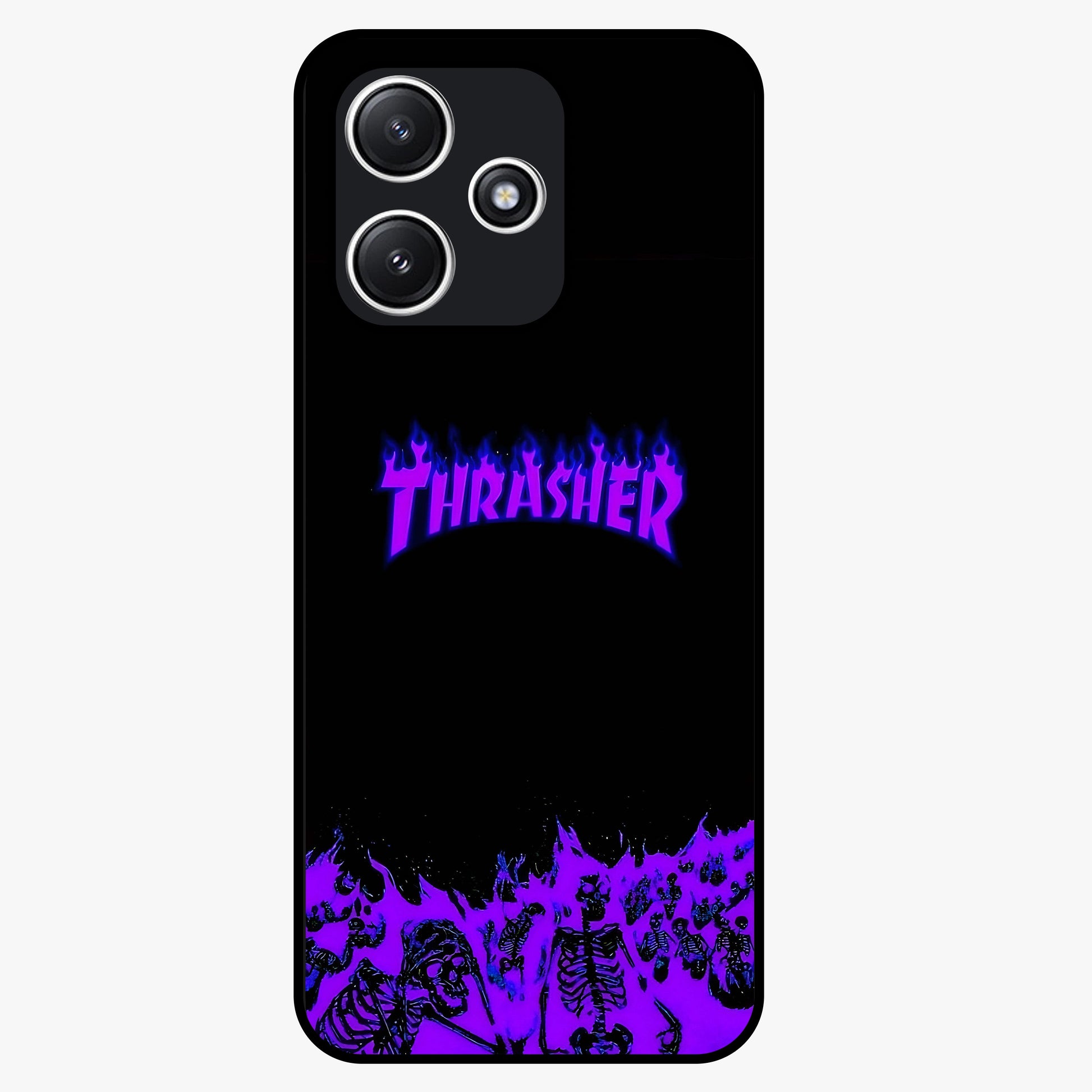 Neon Flame Riot Glass Case showing flat back view with neon flame artwork and glossy glass finish.