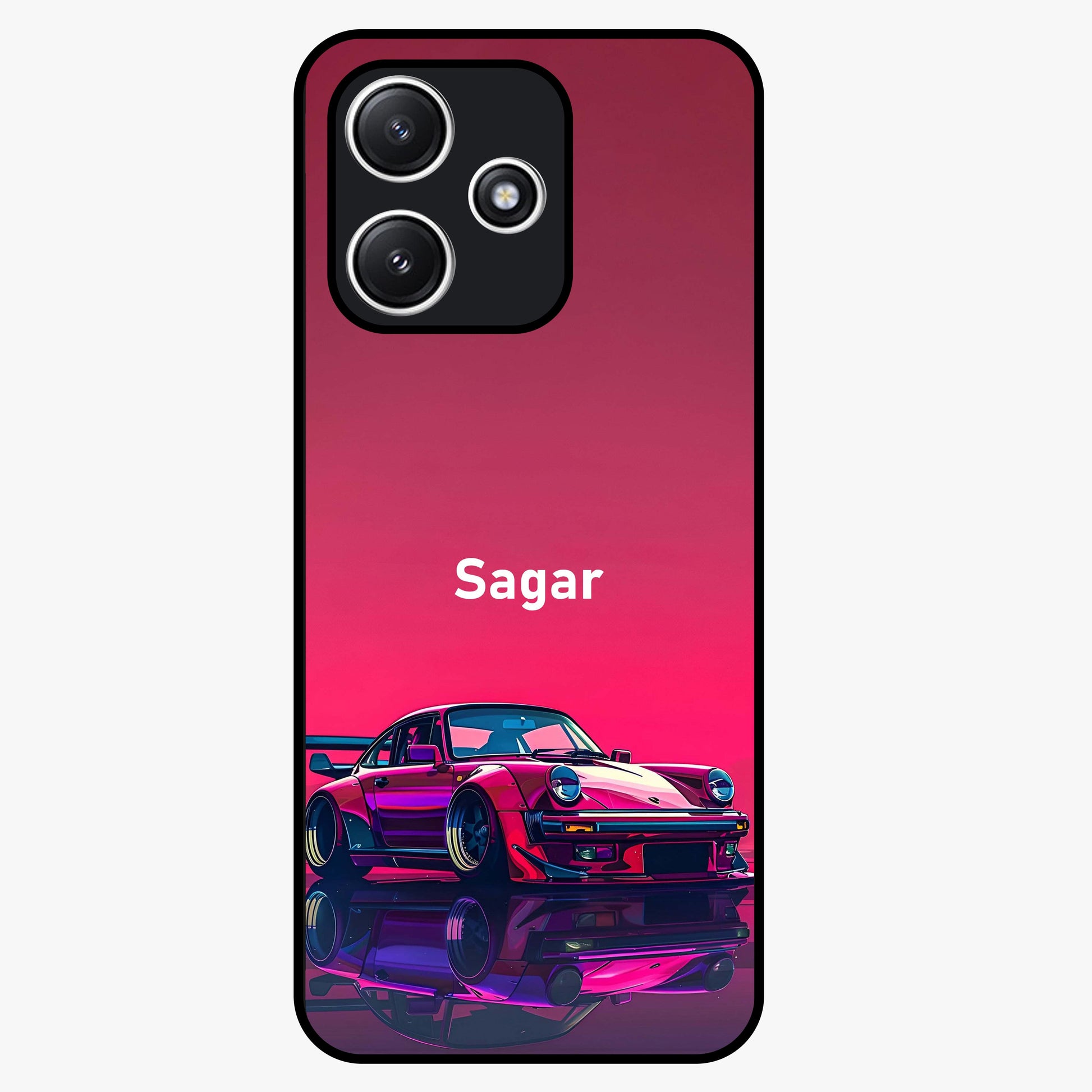 Neon Pink Porsche Glass Case showing flat back view with stylish sports car artwork and glossy glass finish.