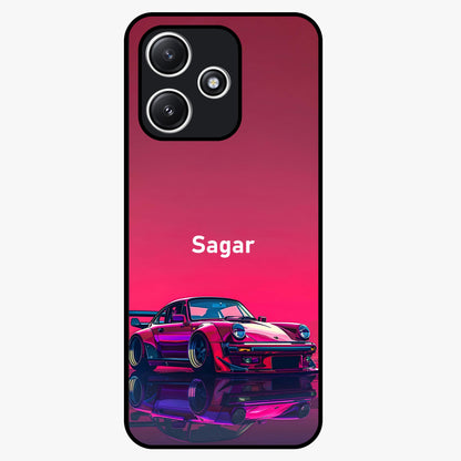 Neon Pink Porsche Glass Case showing flat back view with stylish sports car artwork and glossy glass finish.