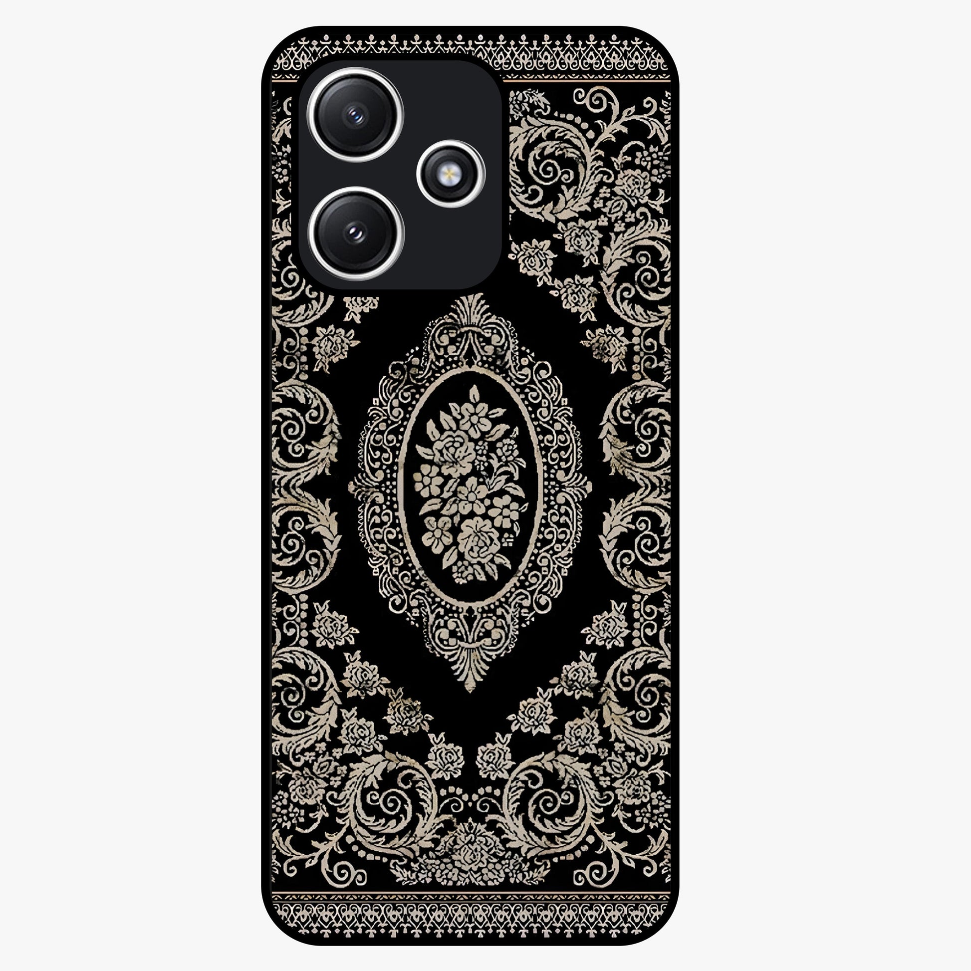 Noir Bloom Elegance Glass Case showing flat back view with elegant dark floral artwork and glossy glass finish.