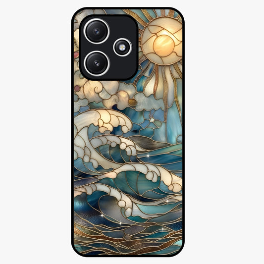 Oceanic Stained Printed Glass Case showing flat back view with ocean inspired stained pattern artwork and glossy glass finish.