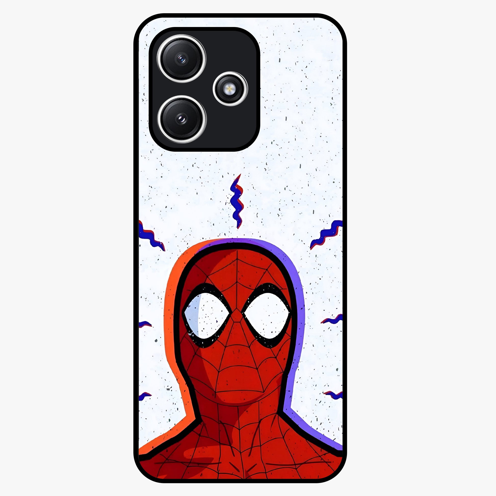Omg Spiderman Glass Case showing flat back view with bold superhero inspired artwork and glossy glass finish.