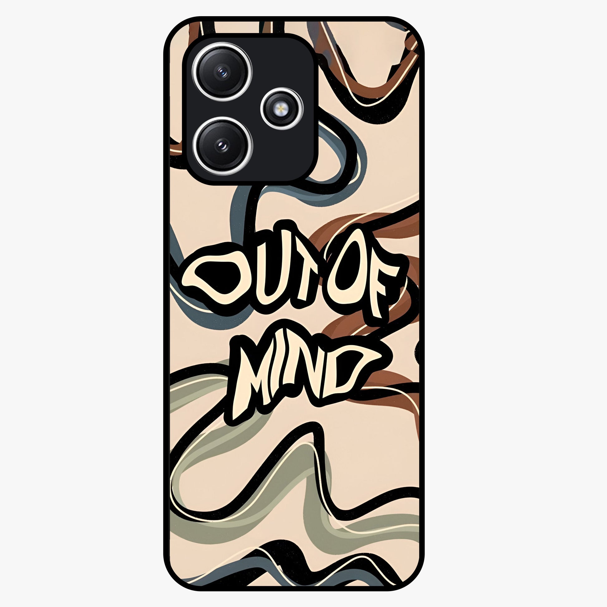 Out Of Mind Glass Case showing flat back view with expressive typography artwork and glossy glass finish.