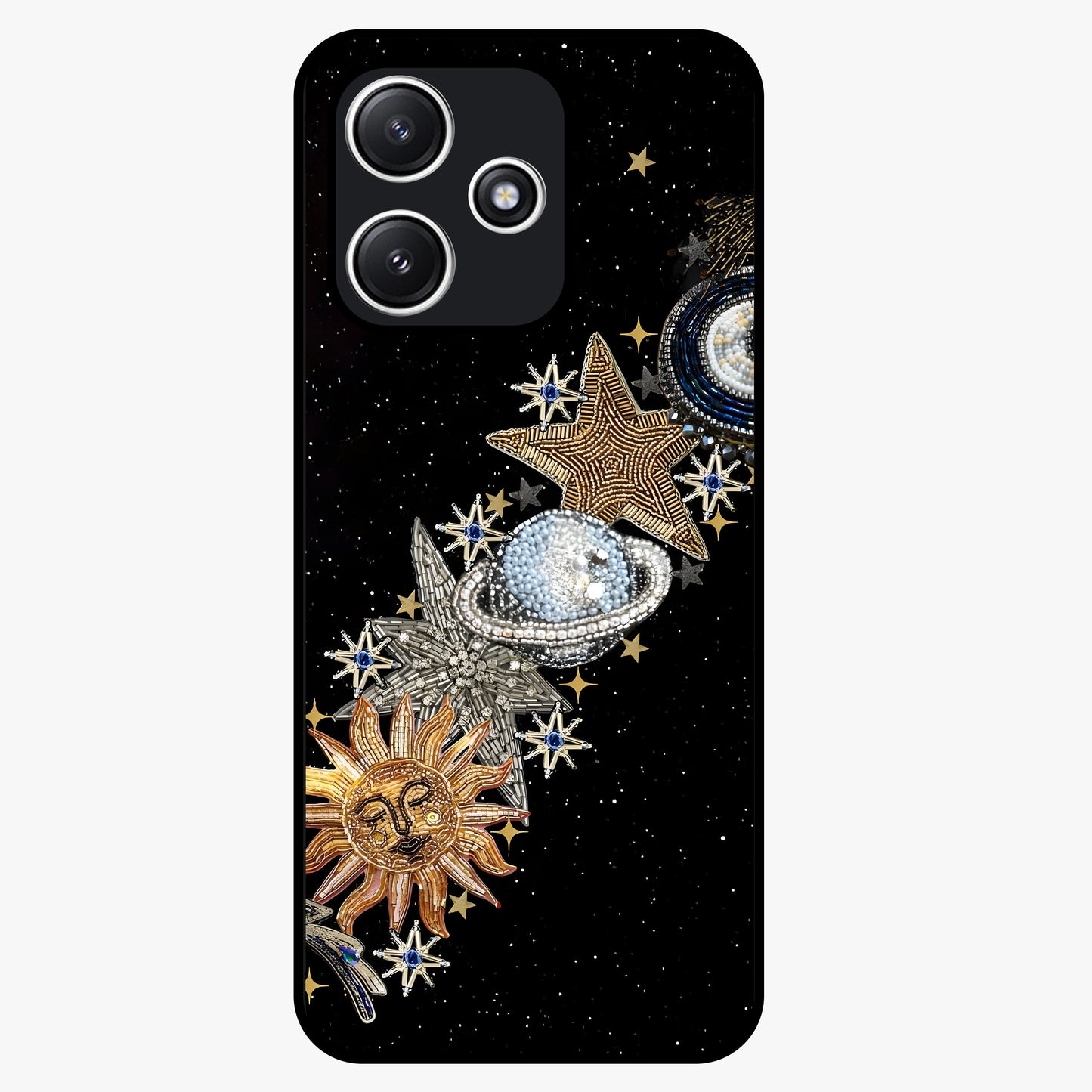 Pearls Universe Object Glass Case showing flat back view with pearl inspired cosmic artwork and glossy glass finish.