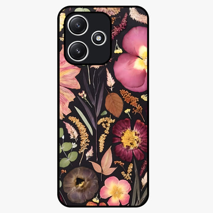Petal Dream Tapestry Glass Case showing flat back view with intricate floral tapestry artwork and glossy glass finish.