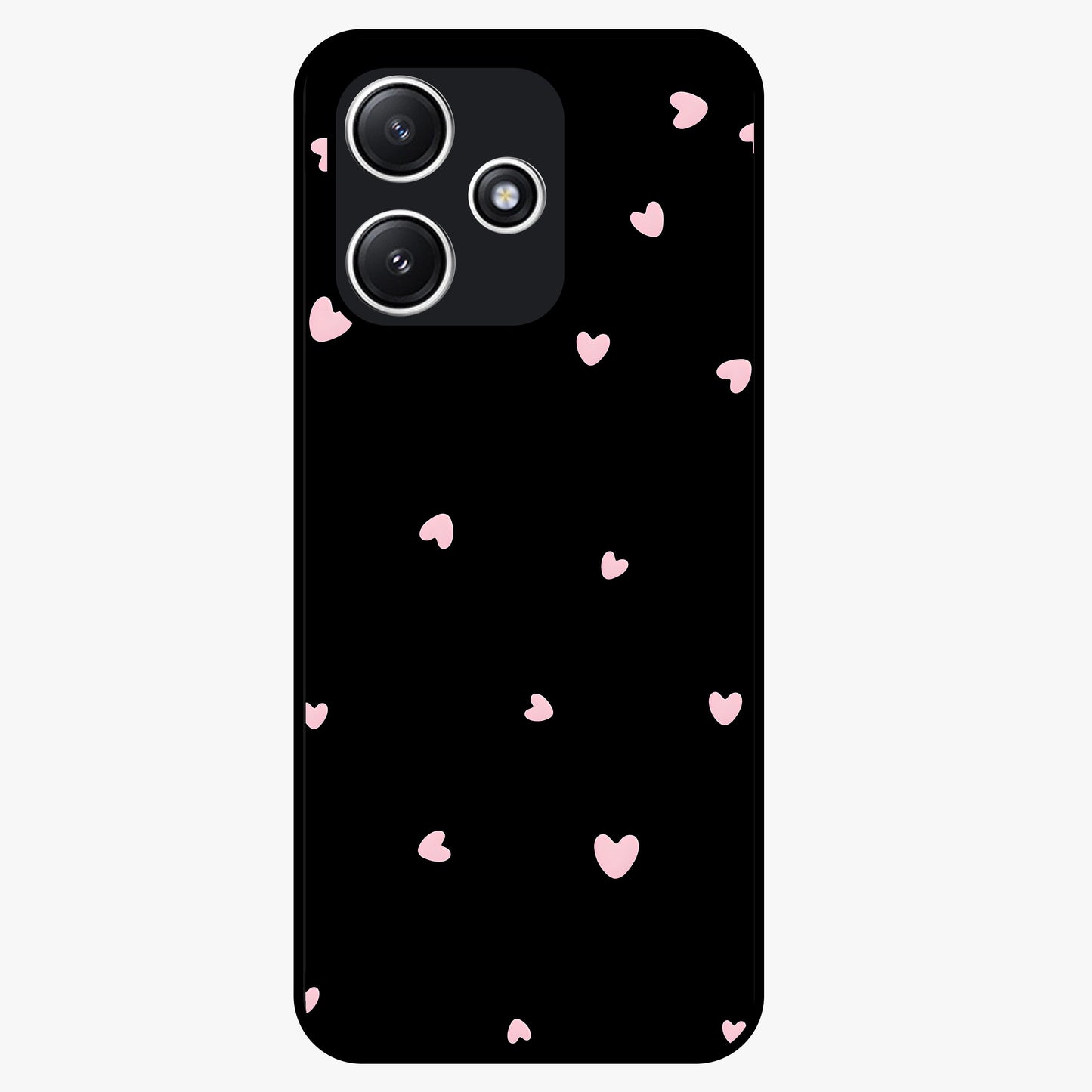 Pink Love Drops Glass Case showing flat back view with playful pink heart drops artwork and glossy glass finish.