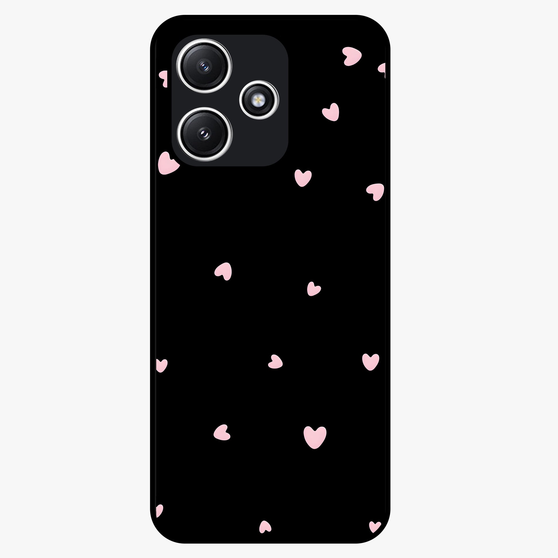 Pink Love Drops Glass Case showing flat back view with playful pink heart drops artwork and glossy glass finish.