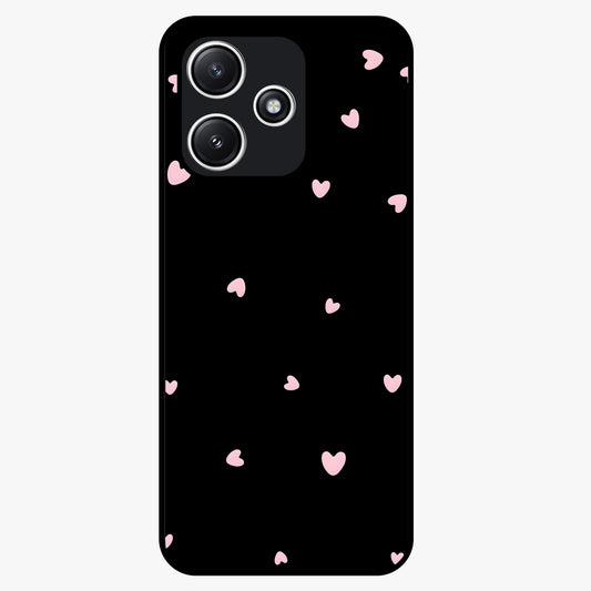 Pink Love Drops Glass Case showing flat back view with playful pink heart drops artwork and glossy glass finish.