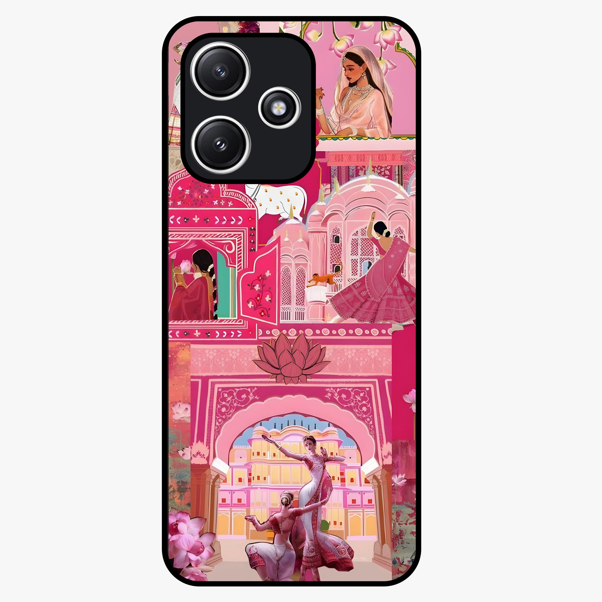 Pink Palace Muse Glass Case showing flat back view with elegant palace inspired artwork and glossy glass finish.
