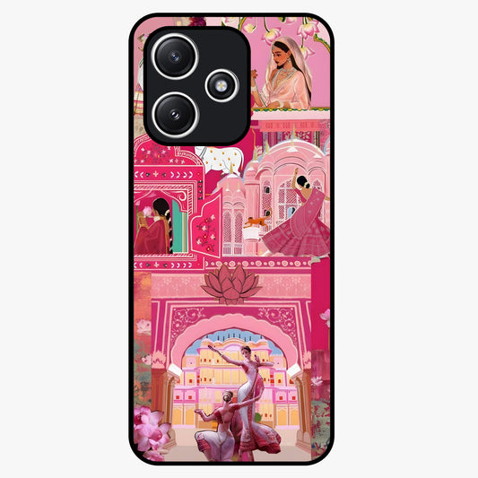 Pink Palace Muse Glass Case showing flat back view with elegant palace inspired artwork and glossy glass finish.