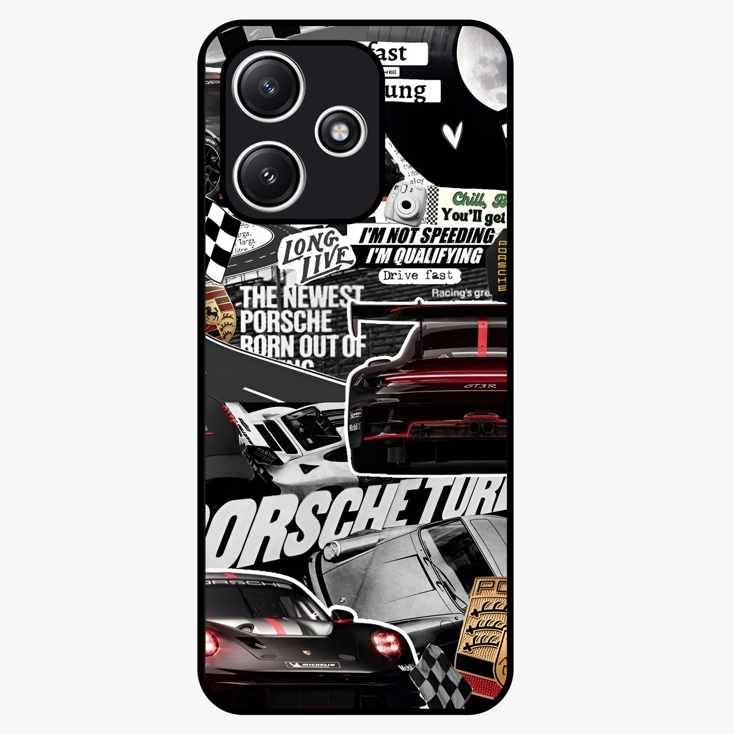 Porsche Racing Collage Glass Case showing flat back view with sports car racing collage artwork and glossy glass finish.