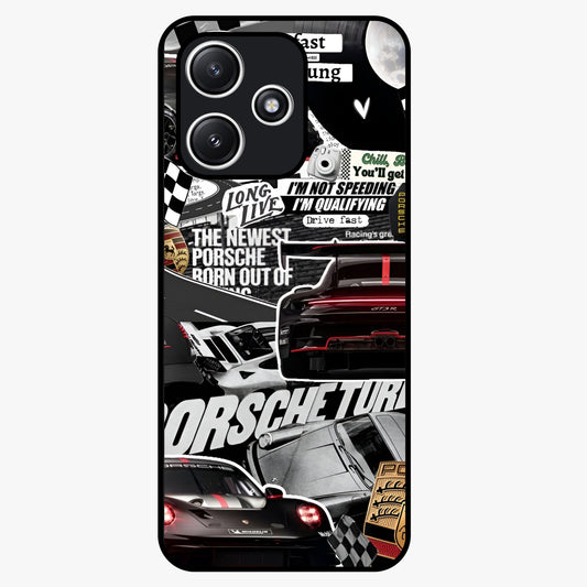 Porsche Racing Collage Glass Case showing flat back view with sports car racing collage artwork and glossy glass finish.