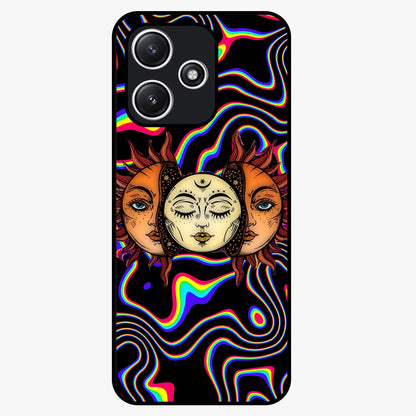 Psychedelic Sun Glass Case showing flat back view with colorful psychedelic sun artwork and glossy glass finish.