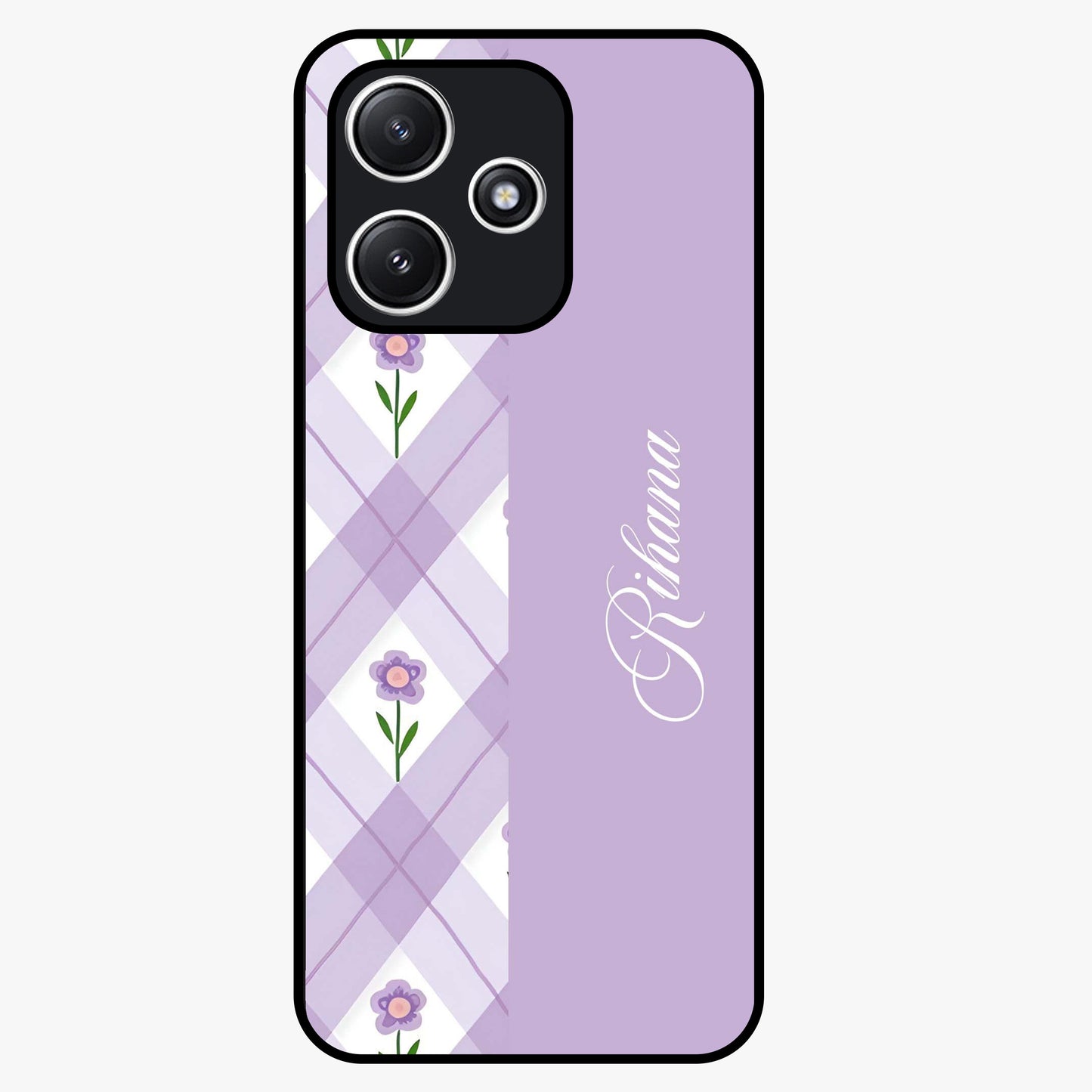 Purple Diamond Floral Glass Case showing flat back view with diamond shaped floral artwork and glossy glass finish.