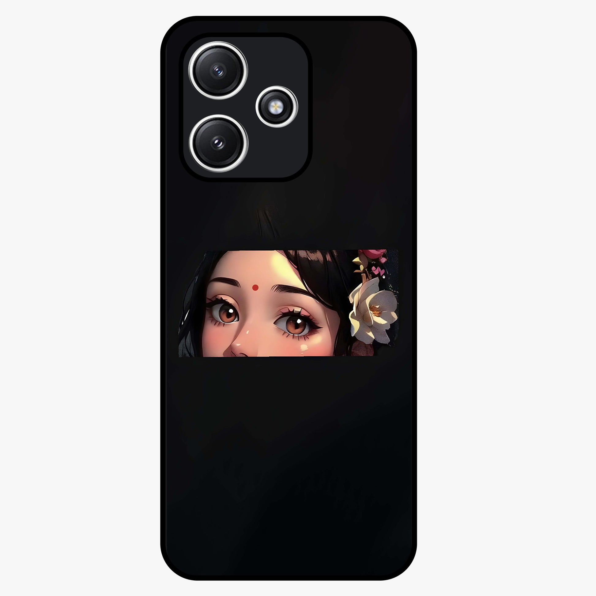 Radha Divine Embrace Glass Case showing flat back view with devotional Radha artwork and glossy glass finish.