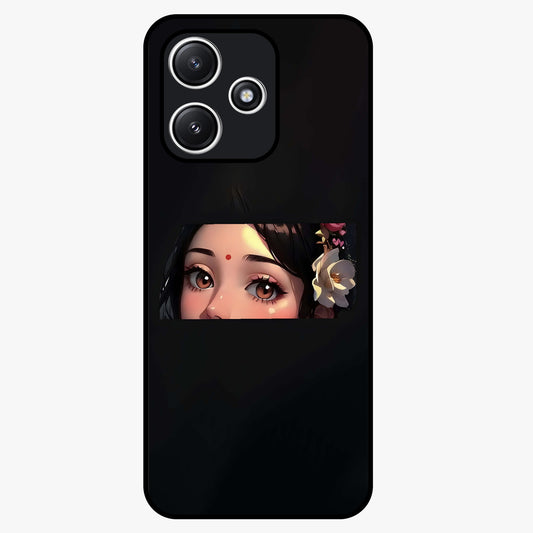Radha Divine Embrace Glass Case showing flat back view with devotional Radha artwork and glossy glass finish.