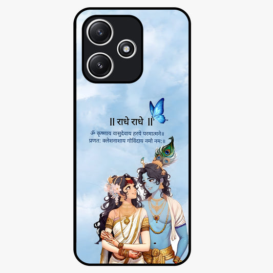Radha Krishna Eternal Glass Case showing flat back view with Radha Krishna devotional artwork and glossy glass finish.