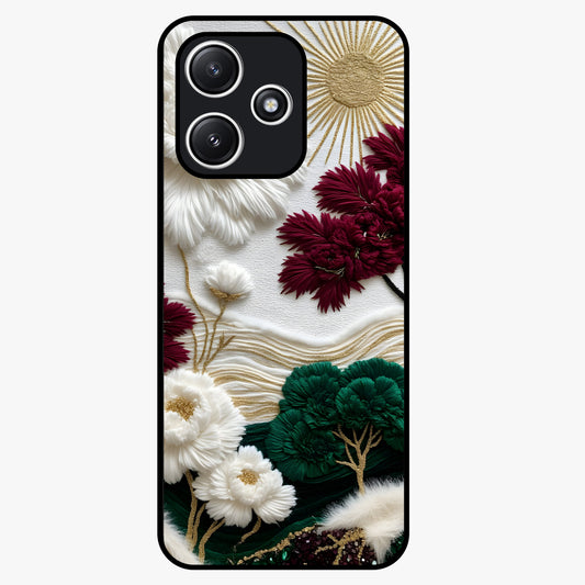 Radiant Bloom Elegance Glass Case showing flat back view with elegant blooming flower artwork and glossy glass finish.
