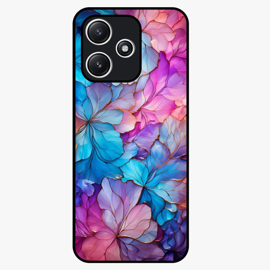 Radiant Floral Whirl Glass Case showing flat back view with swirling floral artwork and glossy glass finish.