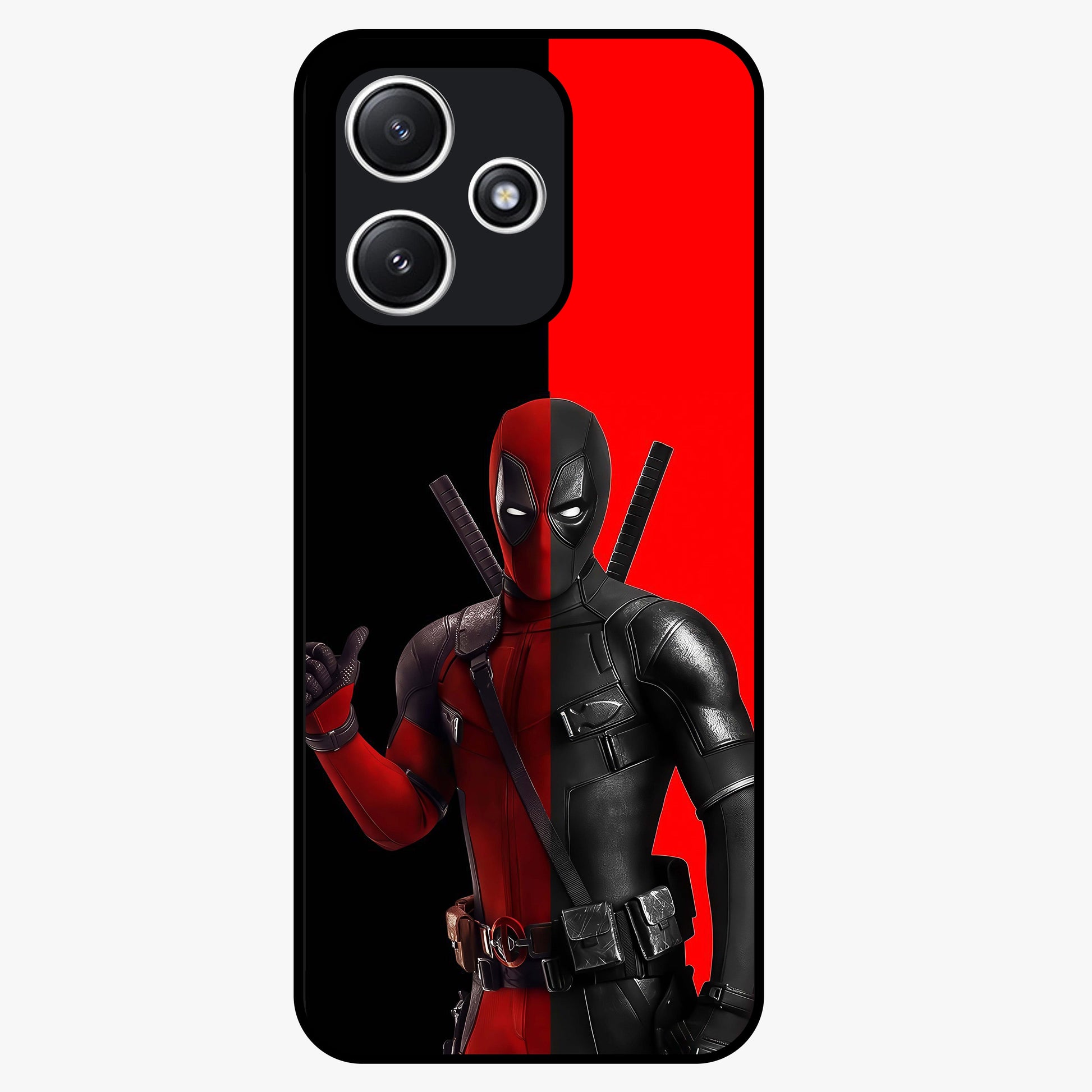 Red & Black Deadpool Theme Glass Case showing flat back view with bold comic inspired artwork and glossy glass finish.