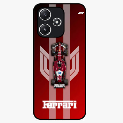 Red Ferrari F1 Vertical Glass Case showing flat back view with sleek Formula racing car artwork and glossy glass finish.