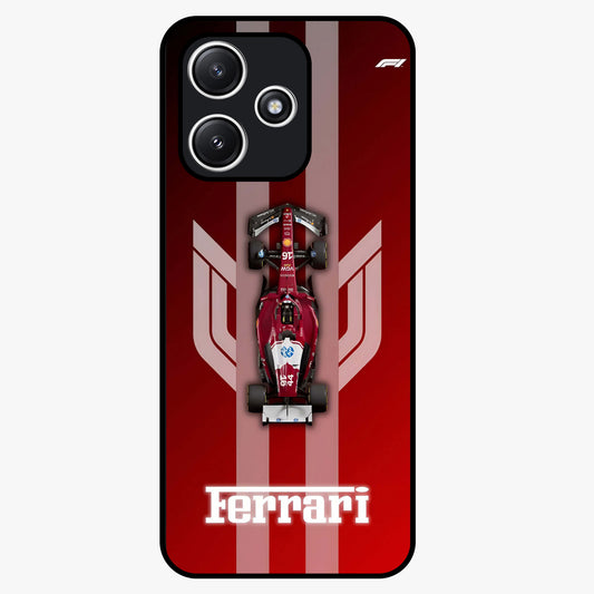 Red Ferrari F1 Vertical Glass Case showing flat back view with sleek Formula racing car artwork and glossy glass finish.