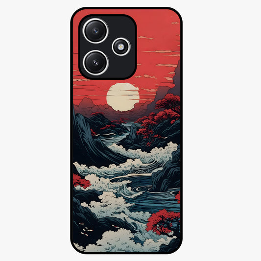 Red Sunset Scenery Glass Case showing flat back view with vibrant sunset landscape artwork and glossy glass finish.