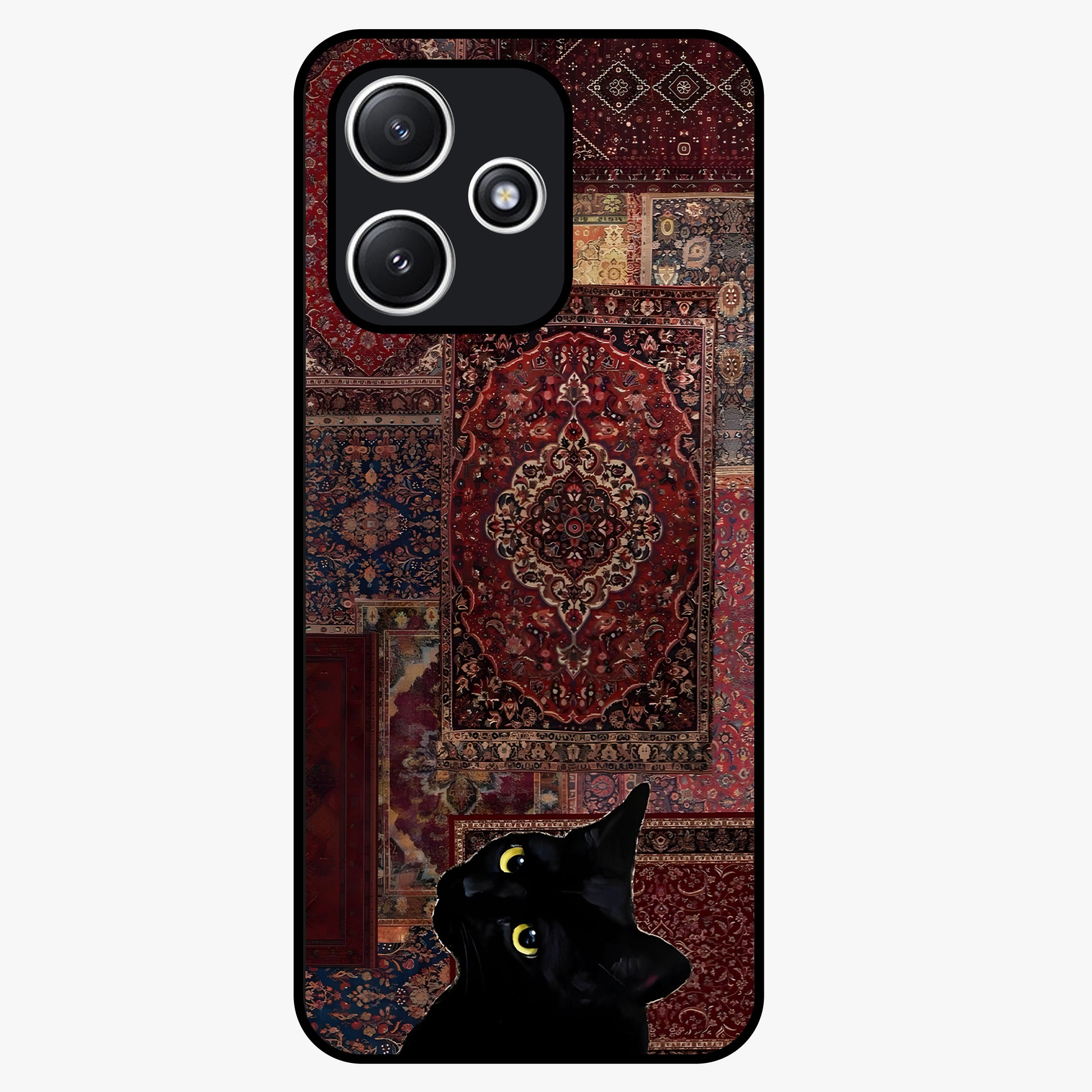 Regal Magic Cat Apple Glass Case showing flat back view with magical cat artwork holding apple and glossy glass finish.