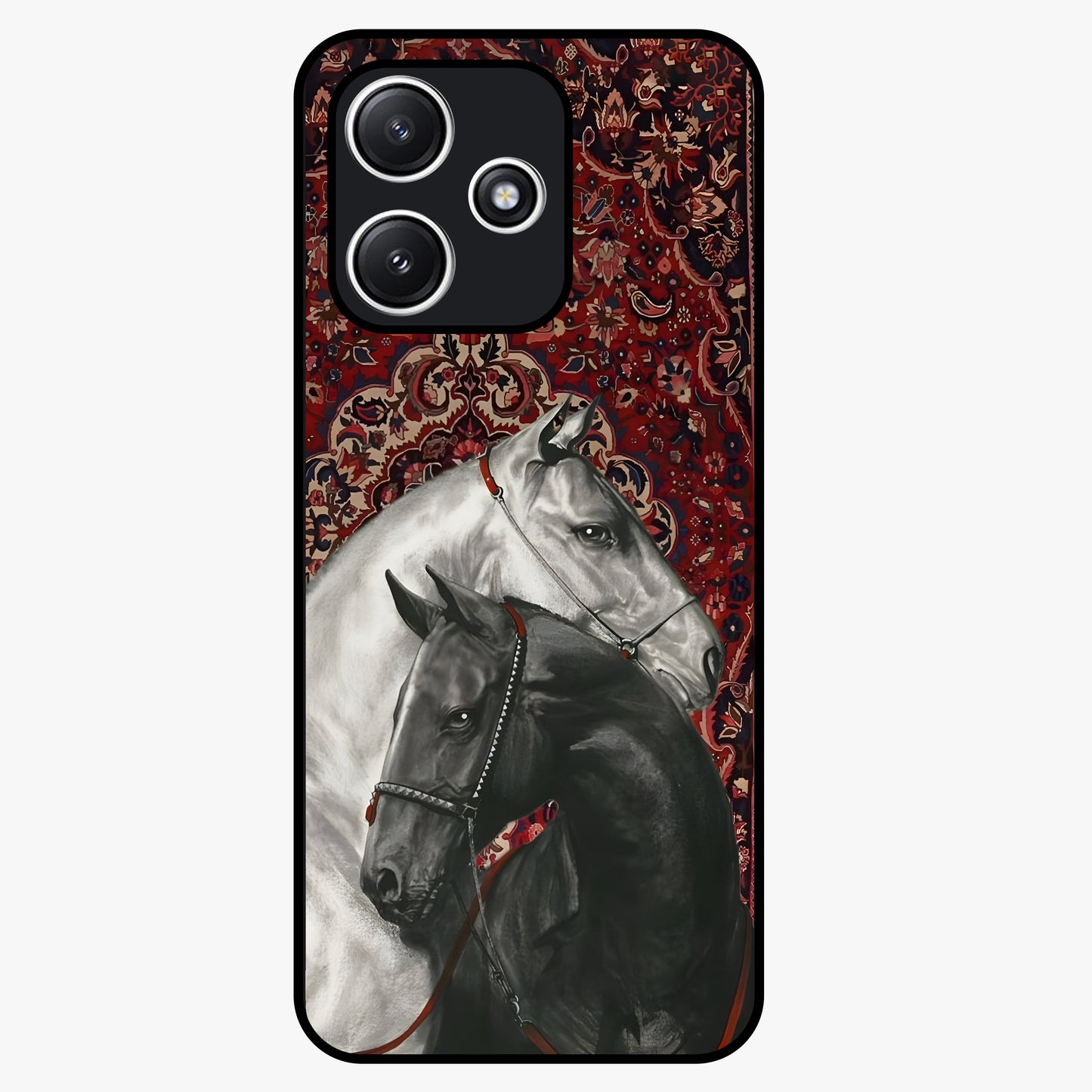 Regal Stallion Tapestry Glass Case showing flat back view with majestic horse tapestry artwork and glossy glass finish.