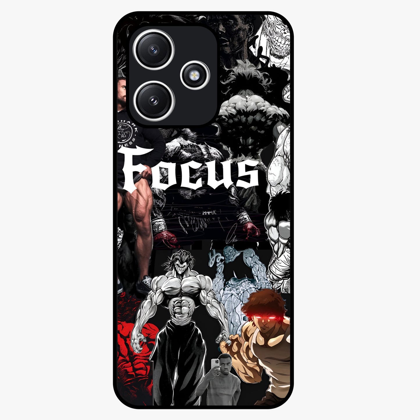 Relentless Power Focus Glass Case showing flat back view with motivational typography artwork and glossy glass finish.