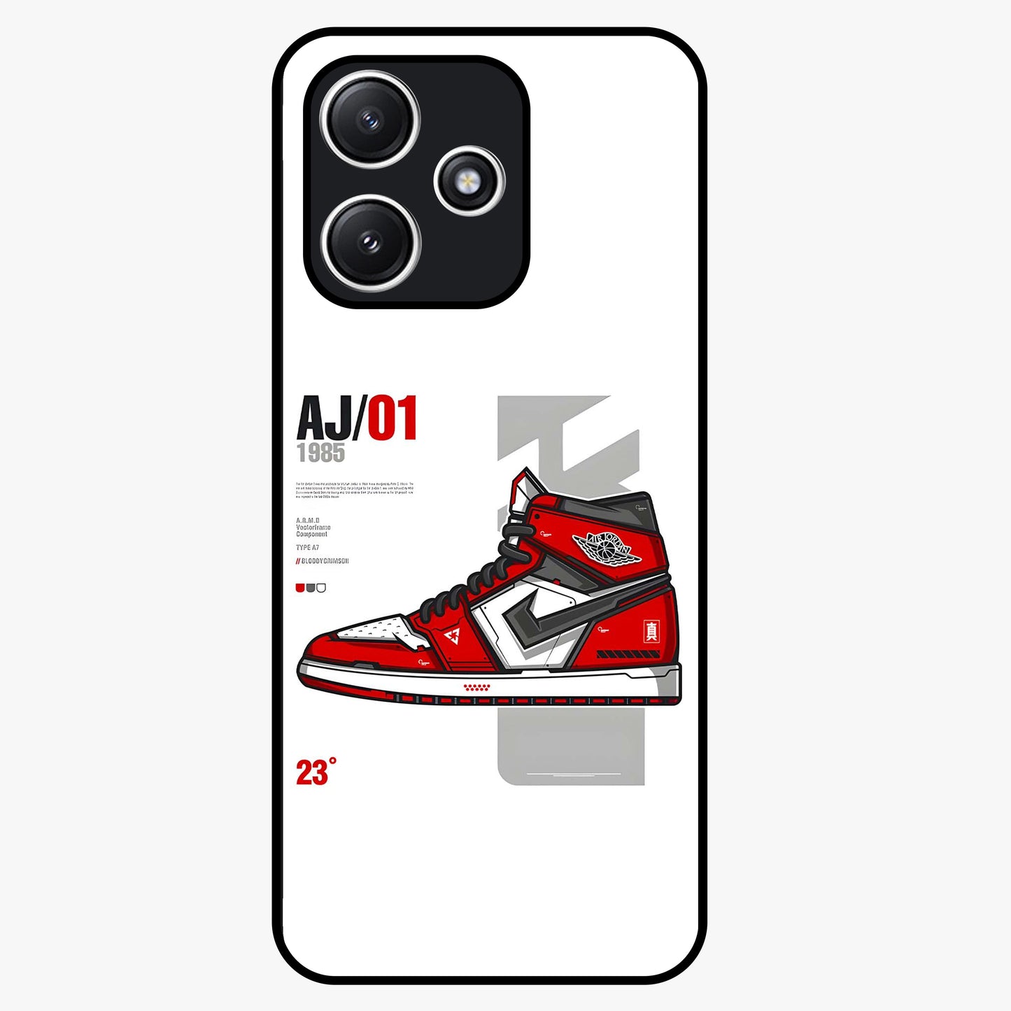 Retro Sneaker Blueprint Glass Case showing flat back view with sneaker blueprint style artwork and glossy glass finish.