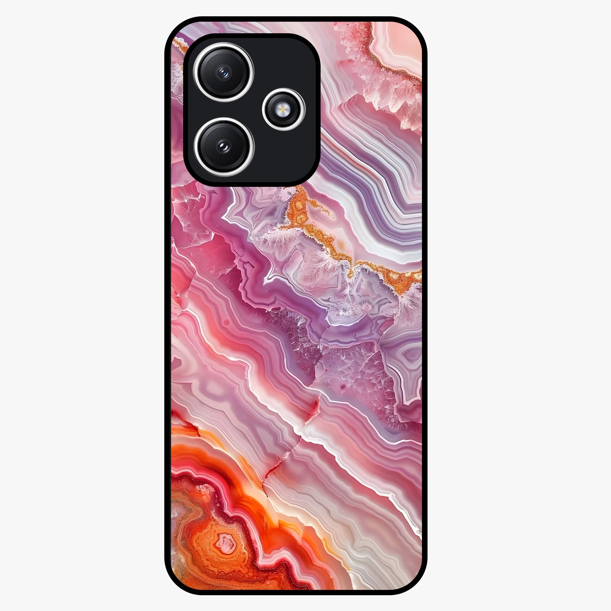 Rose Quartz Marble Glass Case showing flat back view with pink marble quartz texture artwork and glossy glass finish.