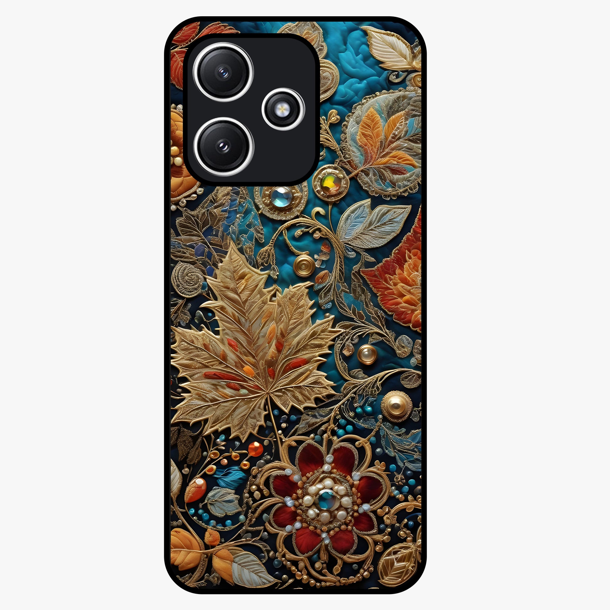 Royal Jewel Garden Glass Case showing flat back view with decorative floral garden artwork and glossy glass finish.