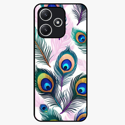 Royal Peacock Feathers Glass Case showing flat back view with colorful peacock feather artwork and glossy glass finish.