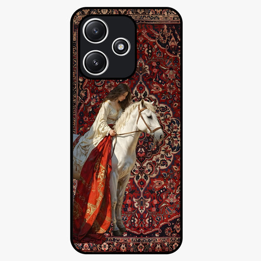Royal Rider Tapestry Glass Case showing flat back view with majestic horse rider tapestry artwork and glossy glass finish.