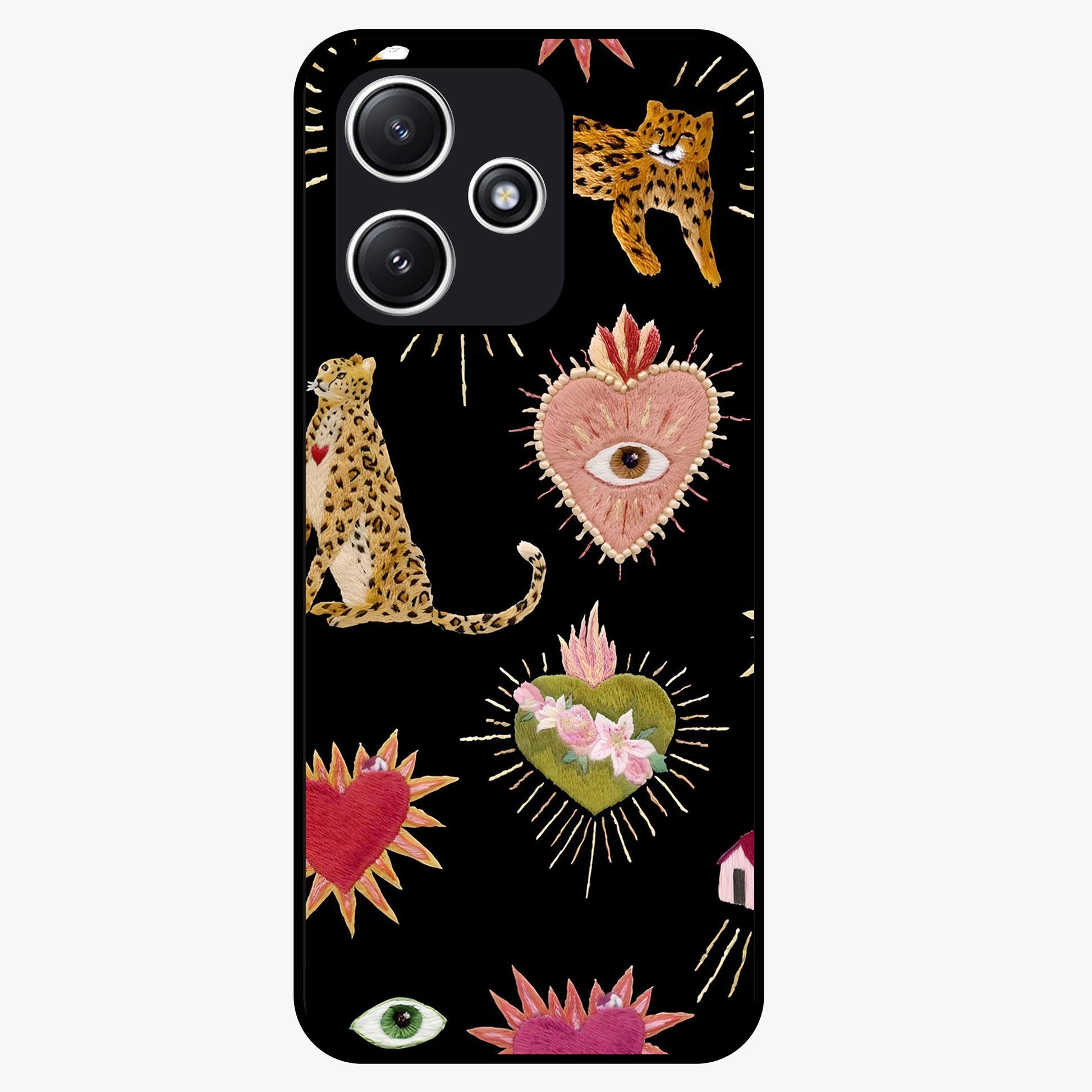 Sacred Jungle Heart Glass Case showing flat back view with jungle inspired heart artwork and glossy glass finish.