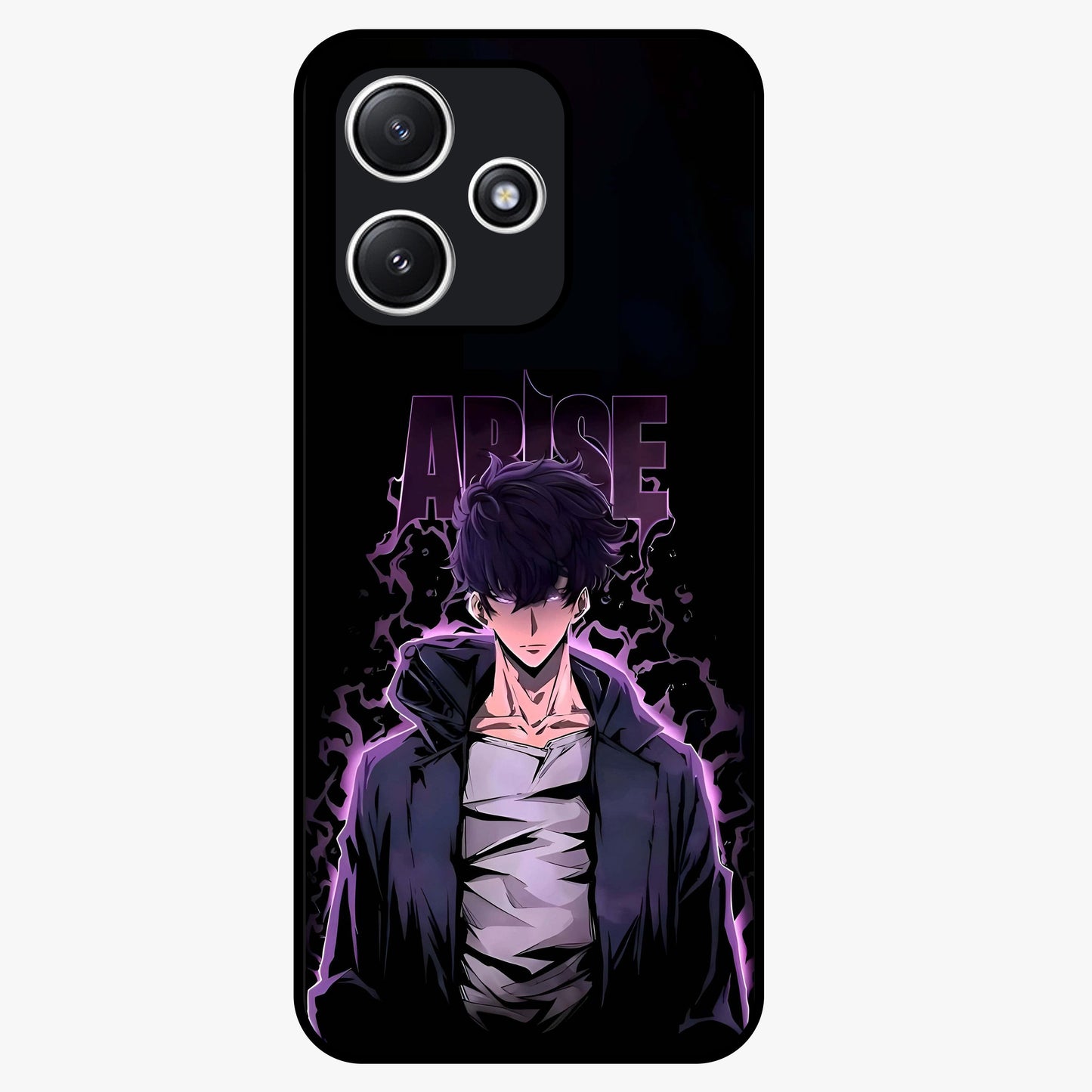 Shadow Monarch Awakening Glass Case showing flat back view with powerful dark monarch themed artwork and glossy glass finish.